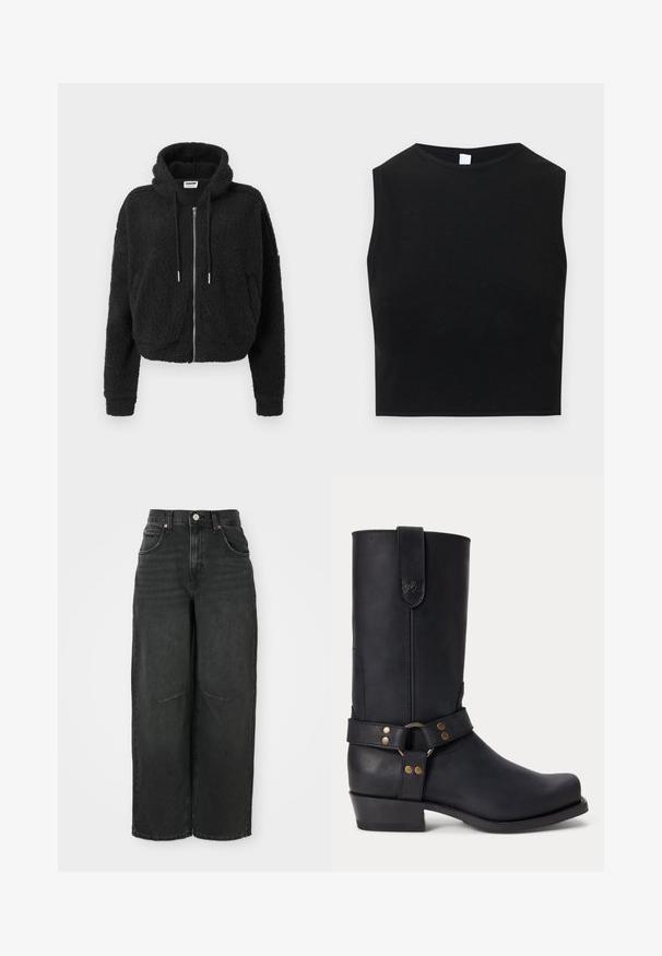 Μαύρο κοντό φούτερ από υφασμάτινη φλις. Διαθέτει μπροστινό φερμουάρ, κουκούλα με κορδόνι και ριγέ μανσέτες. Χωρίς πρόσθετα σχέδια ή διακοσμητικά στοιχεία.; Μαύρο κοντό τοπ από λείο, ελαστικό ύφασμα. Διαθέτει στρογγυλή λαιμόκοψη και αμάνικη σχεδίαση με καθαρή, μινιμαλιστική σιλουέτα.; Μαύρο παντελόνι τζιν με φαρδιά φούστα. Υψηλή μέση με κούμπωμα και θηλιές για ζώνη. Διαθέτει μπροστινές τσέπες και εμφανή ραφή.; Μαύρο δερμάτινο μποτάκι μέχρι τη μέση της γάμπας με χαμηλό τακούνι, στρογγυλεμένη μύτη και διακοσμητικό λουράκι με μεταλλικά καρφιά και κρίκο γύρω από τον αστράγαλο.