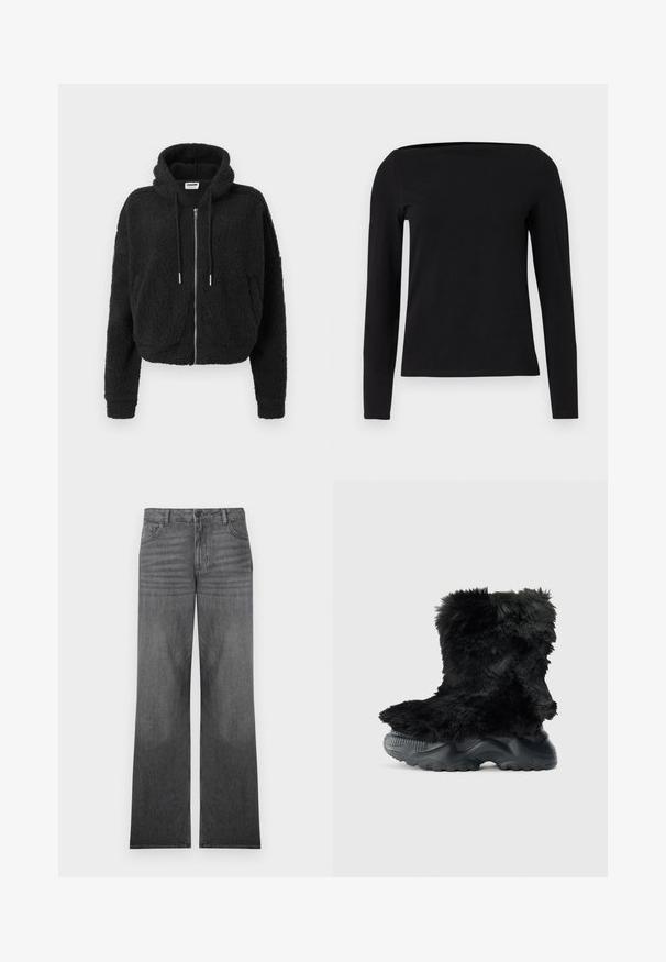 Sort cropped hoodie lavet af tekstureret fleece. Har lynlås foran, hætte med snoretræk og ribbet manchetter. Ingen yderligere mønstre eller detaljer.; Sort langærmet top med firkantet udskæring, lavet af blødt stof. Har en tætsiddende silhuet og sømfri manchetter for et rent design.; Grå denim brede ben jeans med en middel vask, der har design med fem lommer, frontknaplukning og diskrete sømdetaljer.; Sort, fuzzy ankelstøvle med en struktureret overdel, der har en tykk sort gummisål og et mønster for greb og stabilitet.