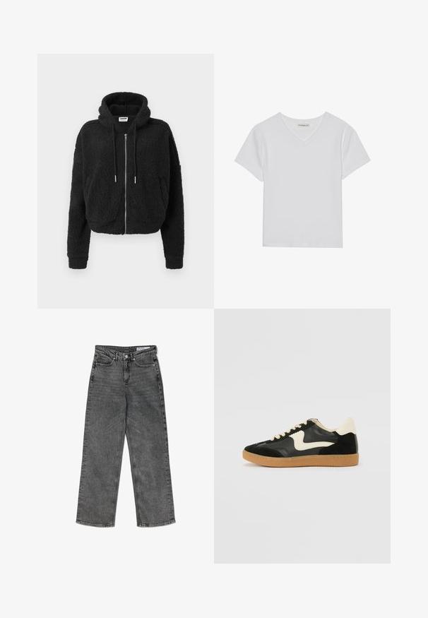 Zwarte cropped hoodie van gestructureerd fleece. Voorzien van een ritssluiting aan de voorkant, een capuchon met trekkoord en geribde manchetten. Geen verdere patronen of accenten.; Witte T-shirt met korte mouwen en V-hals, gemaakt van ribbelstof. Heeft een strakke ontwerp met een rechte zoom en minimale details.; Hoge taille zwarte gewassen rechte jeans met voorzakken, riemlussen, knoopsluiting en een merklabel aan de binnenkant van de tailleband.; Zwarte suède en leren sneaker met een crèmekleurige zij-swoosh en lichte crèmekleurige hiel. Voorzien van beige veters en een gumrubberen zool.