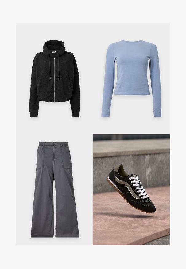 Sort cropped hoodie lavet af tekstureret fleece. Har lynlås foran, hætte med snoretræk og ribbet manchetter. Ingen yderligere mønstre eller detaljer.; Lyseblå langærmet skjorte lavet af blødt bomuldsstof. Har en rund halsudskæring og en tætsiddende silhuet med en glat tekstur.; Grå vidde bukser med en glat tekstur, der har forlommer, knaplukning og syede detaljer langs sømmene.; Sort og beige sneaker med hvide snørebånd og gummisål, svævende over en stensurface og grå betonbaggrund.