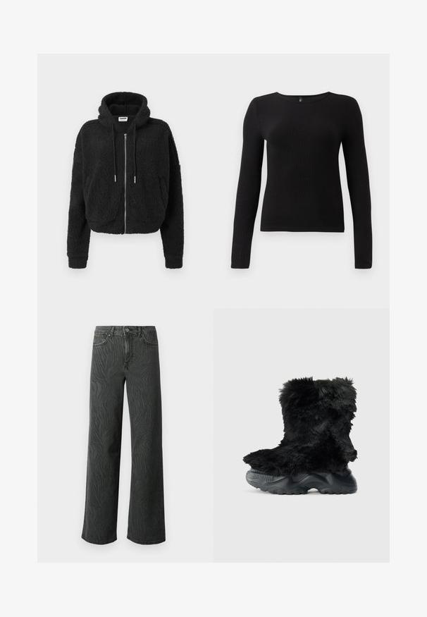 Haut à capuche cropped noir en polaire texturée. Doté d'une fermeture éclair à l'avant, d'une capuche ajustable avec cordon et de poignets côtelés. Pas de motifs ou d'accents supplémentaires.; Haut noir à manches longues côtelé avec un col rond et une silhouette ajustée. Le tissu semble doux et texturé avec une légère élasticité.; Jeans évasés en denim gris foncé, présentant une texture subtile à motif zèbre, des coutures contrastées, et un design à cinq poches avec un zip à bouton.; Bottines noires en fourrure avec un dessus texturé, dotées d'une épaisse semelle en caoutchouc noir et d'un motif cranté pour une bonne adhérence et stabilité.