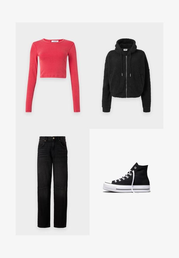 Sort cropped hoodie lavet af tekstureret fleece. Har lynlås foran, hætte med snoretræk og ribbet manchetter. Ingen yderligere mønstre eller detaljer.; Langærmet, cropped top i ribbet tekstur med rund halsudskæring. Farve: livlig rød. Indeholder et label ved halsen med "JJXX."; Sorte denimjeans med lige ben, fem lommer, knaplukning og subtile falmede detaljer ved lårene og knæene.; Sort high-top canvas sneaker med hvid gummisål og hvide snørebånd, vist fra siden mod en hvid baggrund.
