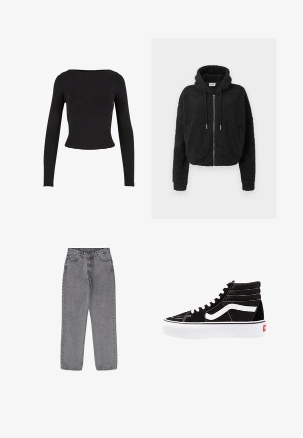 Sort cropped hoodie lavet af tekstureret fleece. Har lynlås foran, hætte med snoretræk og ribbet manchetter. Ingen yderligere mønstre eller detaljer.; Sort, langærmet crop top lavet af blødt, strækbart stof med et enkelt, tætsiddende design og en bred halsudskæring. Ingen mønstre eller udsmykninger.; Højtaljede, lige ben jeans i grå denim; har en knaplukning, fem lommer og minimal falmen for et klassisk look.; Sorte høj-top sneakers med hvide snørebånd, et hvidt logo og kontrasterende hvid syning. Har en tyk hvid sål og struktureret ruskindsoverdel.