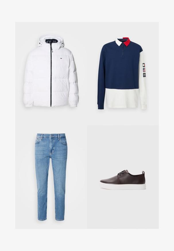 Tommy Jeans WATER REPELLENT DOWN HOODED JACKET - Sulejope - white; Pikad varrukad rugby särk tumesinise ülosa, valge alaosa, valge ja punase krae ning varrukatempleidena Ameerika lipu ja brändi logoga.; Heledad sinine denim, sirge lõikega, viie taskuga disain ja kerge pleekimisega. Omab nööbikliosi ja vöökotte.; Pruunid nahast tossud siledast viimistlusest, valge kummitald, ümar varvas ja kummitus disain. Kaasa tuleb tõmbetab sellel.