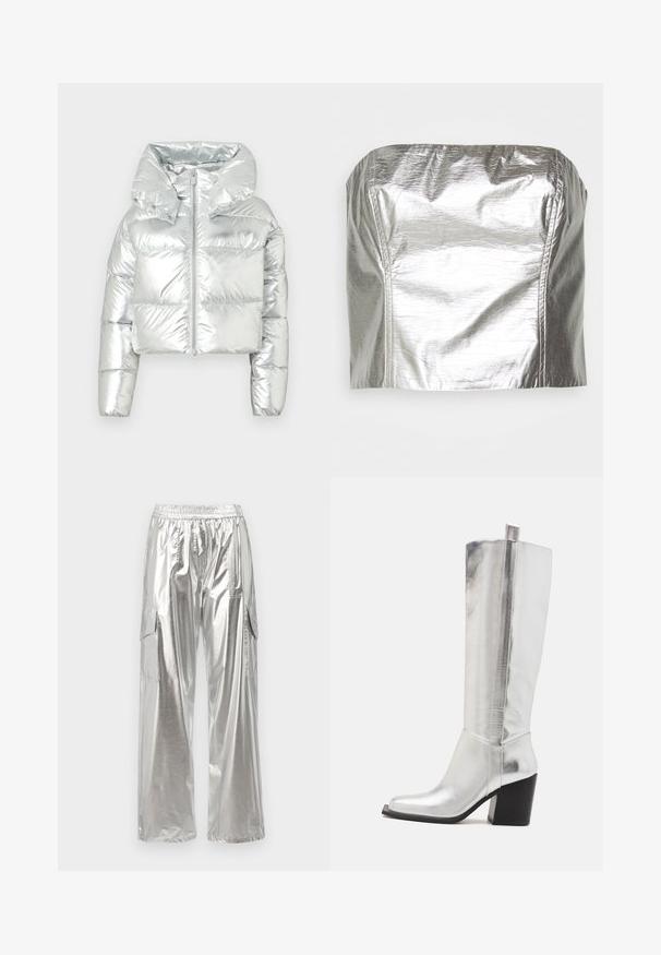 Strieborná metalická prešívaná bunda so skráteným strihom, nadrozmernou kapucňou, zipsom a prešívanou textúrou; obsahuje elastické manžety.; Gina Tricot TUBE - Top - silver-coloured; MCM METALLIC PANTS - Kapsáče - silver; Strieborné kožené čižmy po kolená so štvorcovou špičkou, zvýraznené lesklým kovovým povrchom a robustným čiernym blokovým opätkom.