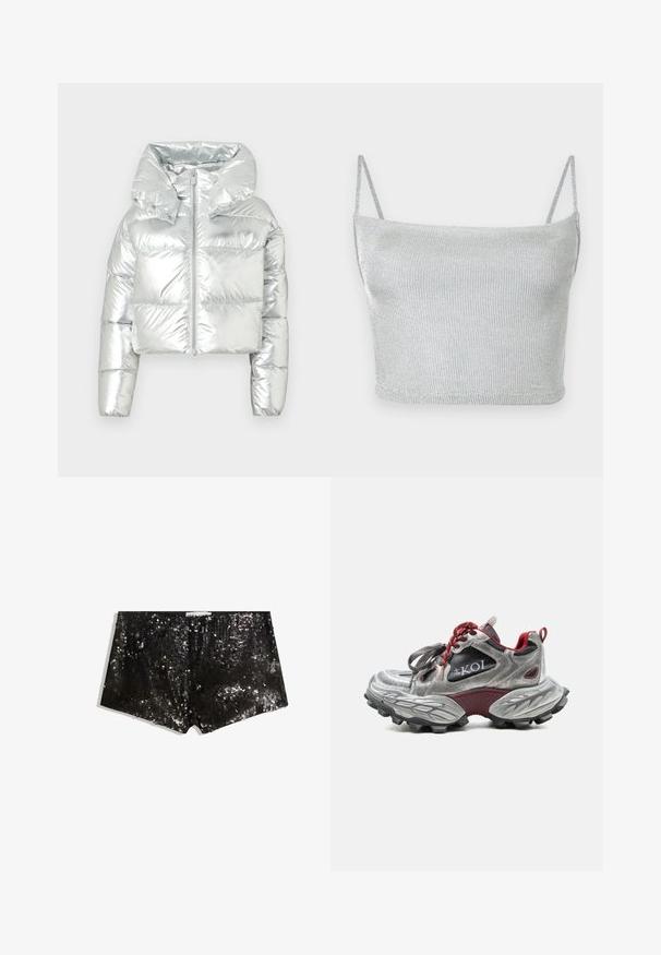 Doudoune métallique argentée avec un design court, une capuche oversized, une fermeture à zip et une texture matelassée ; elle dispose de poignets élastiques.; Crop top court en maille métallique argentée avec fines bretelles ajustables. Coupe ajustée et texture lisse. Aucun motif ni détail métallique visible.; Shorts en sequins noirs avec une coupe ajustée. Comprend des sequins scintillants, une texture lisse et une taille pour un maintien sécurisé.; Baskets argentées et bordeaux avec une semelle épaisse et texturée, des lacets rouges, des panneaux en mesh noir et le logo « KOI » sur le côté.