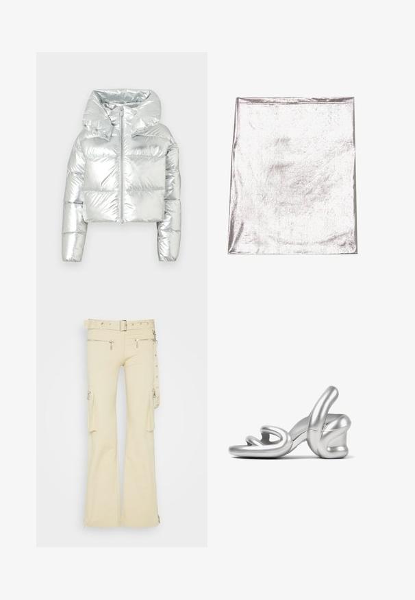 Silberner metallischer Daunenjacke mit cropped Design, übergroßer Kapuze, Reißverschluss und gestepptem Textur; verfügt über elastische Bündchen.; Metallisch silberner Stoff mit glatter Textur und leichtem Schimmer. Rechteckige Form, Kanten ordentlich genäht, keine auffälligen Muster oder Akzente.; The Ragged Priest FIELD TROUSERS - Cargohose - stone; Silberner High-Heel-Sandaletten mit einem skulpturalen Design, glatter metallischer Oberfläche und einem einzigartigen verdrehten Riemen-Detail an der Vorderseite.