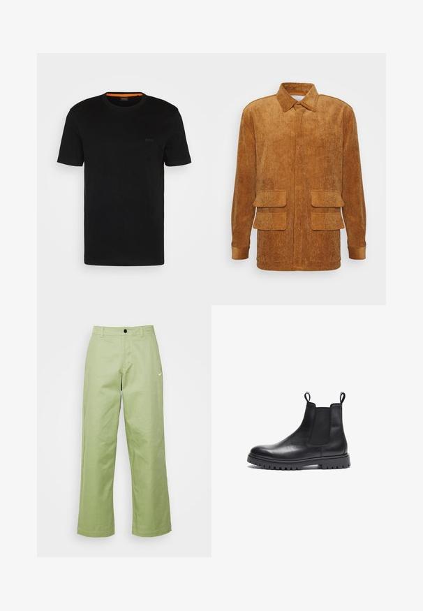 Heathe JACKET - Chaqueta fina - brown; Camiseta negra de manga corta hecha de una tela suave, con un escote redondo y un logo discreto en la parte delantera. El interior del cuello tiene un acento naranja.; Pantalones de pierna ancha de color verde claro, hechos de una tela suave, con cierre de botón y un pequeño logo de Nike en la parte delantera.; Botas Chelsea de cuero negro con acabado texturizado, paneles laterales elásticos y tiradores. Presenta una suela de goma gruesa con relieve.