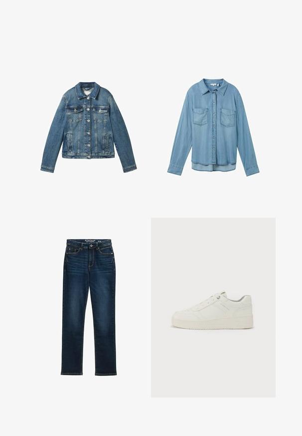 Denimjakke i mellemblå med lange ærmer, knaplukning, to brystlommer og en lige krave. Blød tekstur med let falming.; Lysblå denimskjorte med lange ærmer, knaplukning og to forlommer. Har en klassisk krave og en let buet kant.; Mørkeblå lige ben jeans lavet af denim, med fem lommer, metalknaplukning og kontraststikning. Ingen synlige slidmærker.; Hvide sneakers med en glat læderoverflade, rund tå, seks snørrehuller, polstret krave og struktureret gummisål. Diskret mærkelogo på siden.