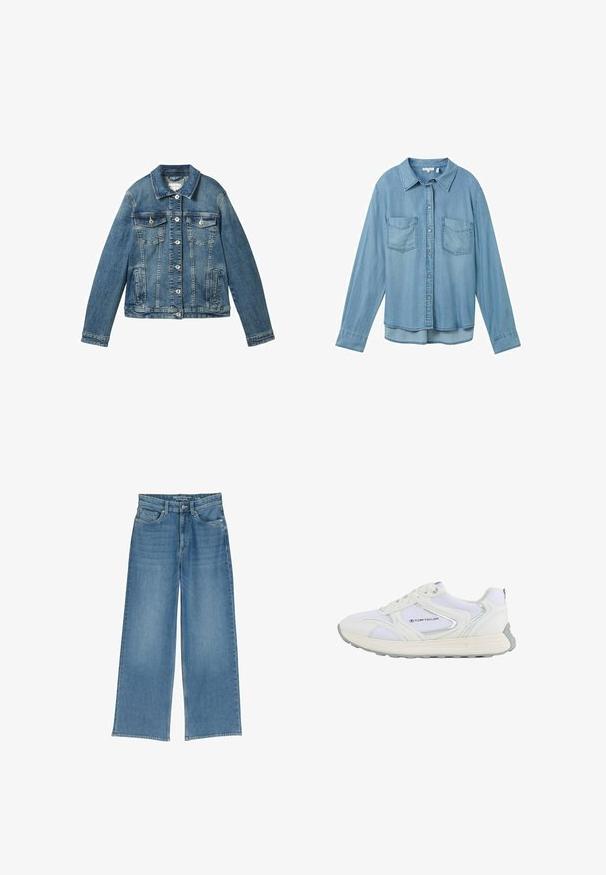 Jeansjacke in Mittelblau mit langen Ärmeln, Knopfverschluss, zwei Brusttaschen und einem geraden Kragen. Weicher Stoff mit leichter Verwaschung.; Helles blaues Denimhemd mit langen Ärmeln, Knopfverschluss und zwei aufgesetzten Taschen vorne. Es verfügt über einen klassischen Kragen und einen leicht abgerundeten Saum.; Helle blaue weit geschnittene Denim-Jeans mit hoher Taille, fünf Taschen und sichtbaren Nähten; der Stoff hat eine leicht strukturierte Oberfläche.; Weißer Sportschuh mit einem Obermaterial aus Mesh und Synthetik, ausgestattet mit silbernen Akzenten und einer strukturierten Gummisohle, beschriftet mit "TOM TAILOR."