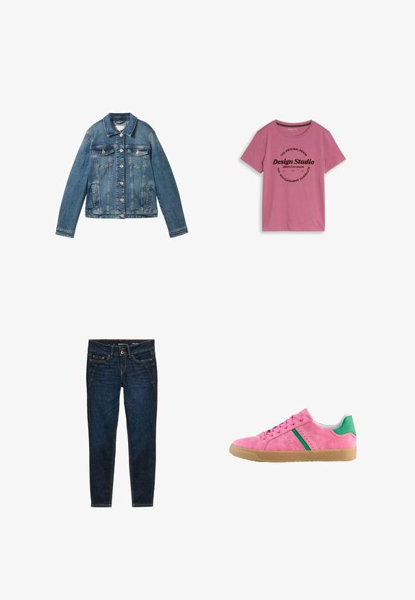 Denimjakke i mellemblå med lange ærmer, knaplukning, to brystlommer og en lige krave. Blød tekstur med let falming.; Lyserød t-shirt med korte ærmer med sort cirkulær tekst, der lyder "Design Studio" og "The Original Denim" på frontmidten.; Mørkeblå denim jeans med slim fit, der har orange syninger, fem lommer og en knaplukning i taljen.; Lyserød ruskinds sneaker med grøn hælaccent og striber. Har rund tå, snørebånd foran og gummigummi sål. Perforerede detaljer på siderne.