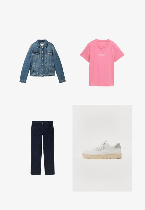 Denimjakke i mellemblå med lange ærmer, knaplukning, to brystlommer og en lige krave. Blød tekstur med let falming.; Lyserød T-shirt med korte ærmer lavet af blødt stof. Har rund halsudskæring og en hvid mærkelogo trykt på forsiden.; Mørkeblå denimjeans med lige ben-design, der har forlommer og kontrasterende gule syninger langs sømmene.; Mænds hvide sneakers med en glat overflade, grå detaljer, rund tå og en beige gummisål. Har et sidelabel og perforerede detaljer.