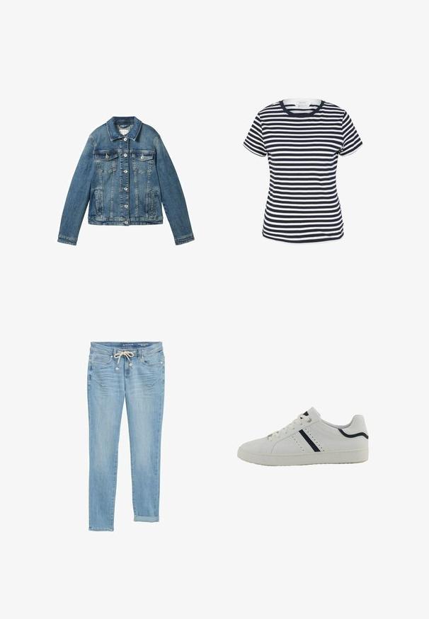 Veste en denim de bleu moyen avec des manches longues, fermeture à boutons, deux poches sur la poitrine et un col droit. Texture douce avec un léger effet délavé.; T-shirt rayé bleu marine et blanc en coton biologique, avec un col rond et des manches courtes, doté d'une finition droite en bas.; Jeans en denim bleu clair à coupe droite, avec une taille élastique à cordon de serrage, des ourlets roulés et des poches avant. Conçus avec un léger décoloration.; Basket en synthétique blanche avec un profile bas, présentant des rayures diagonales bleu marine, des perforations sur le côté, et une semelle en caoutchouc texturé.