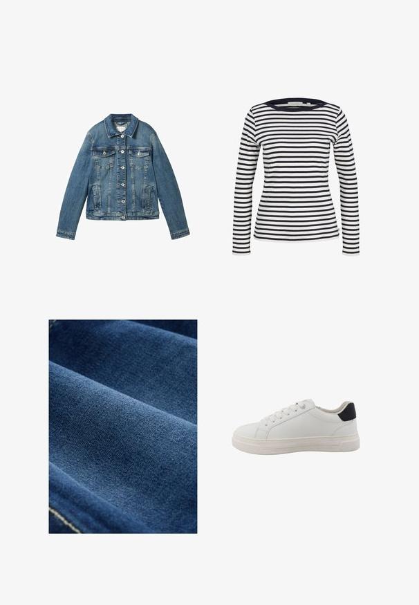 Denimjakke i mellemblå med lange ærmer, knaplukning, to brystlommer og en lige krave. Blød tekstur med let falming.; TOM TAILOR DENIM Langærmet T-shirt - navy/white; Mørkeblå denim stof med en glat tekstur, synlig vævning og subtil stræk. Har svage syninger langs kanterne.; Hvid lav-top sneaker med snørefor og tyk sål samt sort hælkappe, vist fra siden på en ensfarvet hvid baggrund.