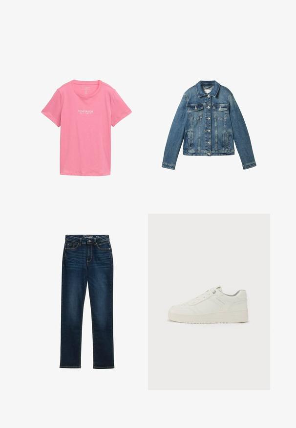 Jeansjacke in Mittelblau mit langen Ärmeln, Knopfverschluss, zwei Brusttaschen und einem geraden Kragen. Weicher Stoff mit leichter Verwaschung.; Rosa T-Shirt mit kurzen Ärmeln aus weichem Stoff. Verfügt über einen runden Ausschnitt und ein weißes Markenlogo auf der Vorderseite.; Dunkelblaue gerade Jeans aus Denim, mit fünf Taschen, Metallknopfverschluss und Kontrastnähten. Keine sichtbaren Abnutzungen.; Weißer Sneaker mit glattem Ledermantel, runder Zehenpartie, sechs Ösen, gepolstertem Kragen und strukturiertem Gummisohle. Dezentes Markenlogo an der Seite.