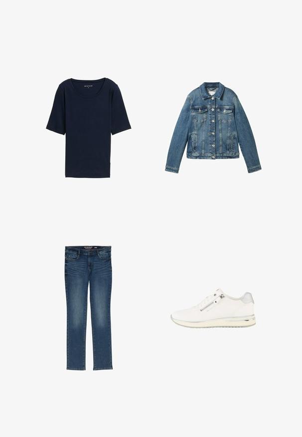 Veste en denim de bleu moyen avec des manches longues, fermeture à boutons, deux poches sur la poitrine et un col droit. Texture douce avec un léger effet délavé.; T-shirt bleu marine avec un col rond, des manches courtes et une texture douce. Fabriqué à partir d'un matériau léger, il présente une coupe décontractée.; Jean droit bleu foncé en denim, doté d'un zip, de cinq poches et d'un léger délavage. Étiquette de taille visible à l'intérieur de la ceinture.; Baskets basses blanches avec fermeture éclair latérale, lacets à l'avant, tissu texturé et accent argenté sur le talon et la semelle.