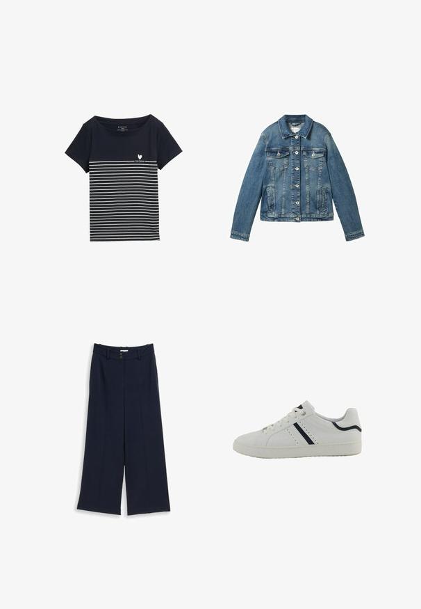Jeansjacke in Mittelblau mit langen Ärmeln, Knopfverschluss, zwei Brusttaschen und einem geraden Kragen. Weicher Stoff mit leichter Verwaschung.; Dunkelblaues T-Shirt mit weißen horizontalen Streifen, rundem Ausschnitt, kurzen Ärmeln und einem kleinen Herz-Logo mit dem Text "TOM TAILOR" auf der Vorderseite.; Marineblaue Hosen mit weitem Bein, Gürtelschlaufen, zwei vorderen Knöpfen und einem klaren, maßgeschneiderten Design.; Weißer synthetischer Sneaker mit niedrigem Profil, ausgestattet mit marineblauen diagonalen Streifen, Perforationen an der Seite und einer strukturierten Gummisohle.
