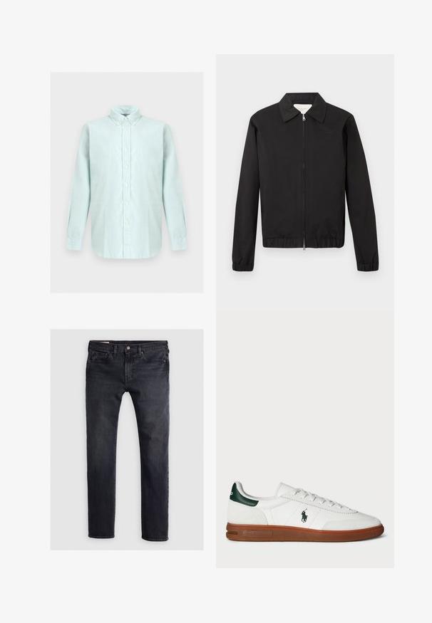 Chaqueta negra con cremallera, cuello, puños y dobladillo elásticos, y un sutil logo bordado en el pecho izquierdo, mostrada sobre un fondo liso.; Camisa de manga larga azul claro con botones, cuello abotonado, botones blancos y dobladillo curvado sobre fondo neutro.; Jeans de mezclilla azul oscuro con un corte recto, que cuentan con un cierre frontal de botón, diseño de cinco bolsillos y zonas sutilmente desgastadas.; Zapatilla de cuero blanca con acento verde en el talón, panel de ante texturizado, suela de goma y logotipo bordado en el costado. Presenta un diseño con cordones.