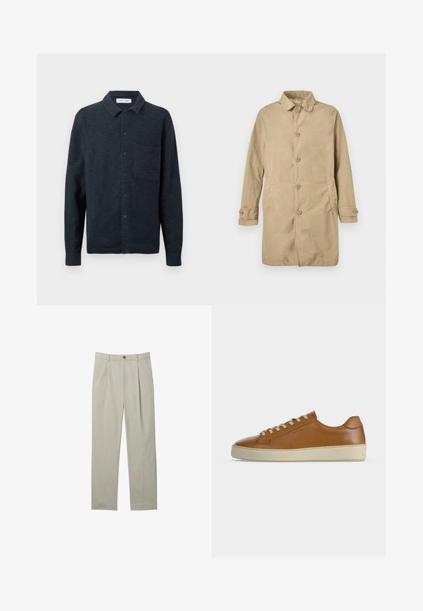 Manteau beige pour homme, à simple boutonnage, avec col pointu, poignets boutonnés et deux poches latérales.; Chemise texturée bleu marine foncé à manches longues avec boutons, col et une poche poitrine unique à gauche sur un fond uni.; Pantalon beige clair sur mesure avec plis à l'avant, poches latérales, passants de ceinture et fermeture par bouton sur fond blanc.; Baskets basses en cuir marron avec lacets crème et semelle épaisse en caoutchouc crème, vues de profil sur fond blanc.