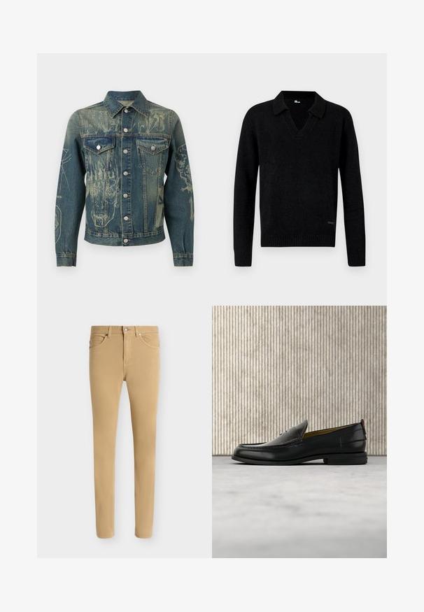 Veste en jean avec fermeture à boutons sur le devant, deux poches poitrine, et des motifs graphiques délavés comprenant des visages et des dessins abstraits sur les manches et le devant.; Pull en tricot noir à manches longues avec col en V et poignets et ourlet côtelés, présenté sur un fond neutre.; Pantalon beige slim fit avec fermeture avant boutonnée et zip, design cinq poches et passants de ceinture sur fond blanc uni.; Mocassin pour homme en cuir noir avec un dessus embossé effet croco et un petit talon, présenté de profil sur un fond neutre.