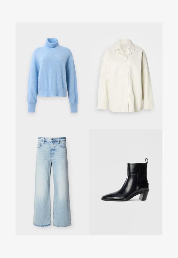 Krémová koženka s golierom, gombíkovým zapínaním a dlhými rukávmi. Hladká textúra a voľný strih.; Svetlomodrý krátky rolák vyrobený z mäkkej, štruktúrovanej látky s dlhými rukávmi a rebrovanými manžetami pre pridanie detailu.; Svetlomodré rifle s vysokým pásom a širokými nohavicami, s prednými vreckami, pútkami na opasok a zapínaním na gombík.; Čierna kožená členková čižma s špicatou špičkou, geometricky tvarovaným podpätkom a pútkom na zadnej strane. Hladká textura a elegantný dizajn.