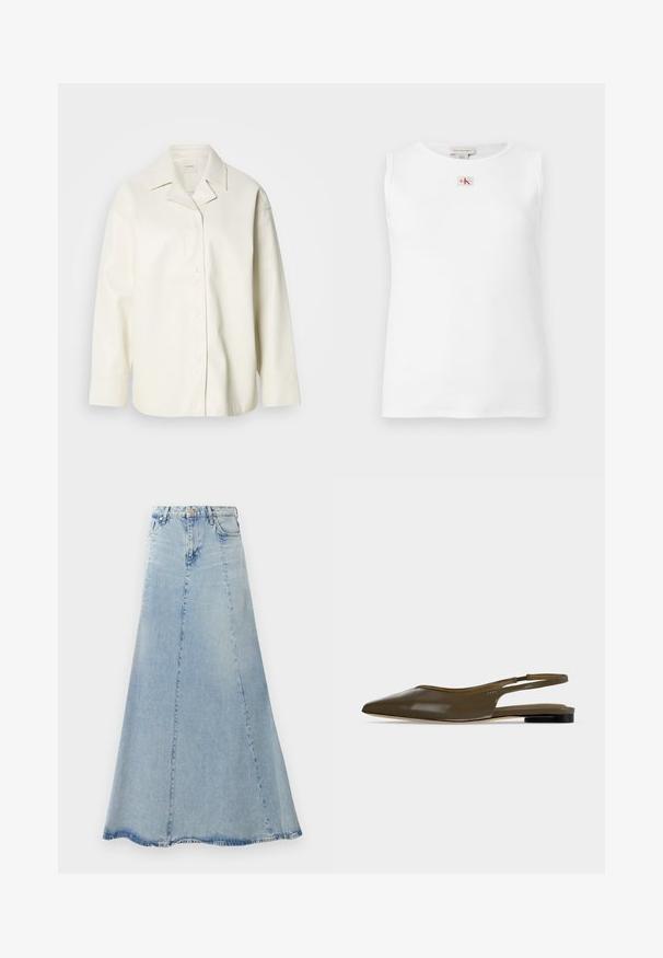 Veste en cuir synthétique de couleur crème avec un col, une fermeture à boutons et des manches longues. Texture lisse et coupe décontractée.; Débardeur blanc sans manches en maille côtelée avec un petit logo Calvin Klein rouge et noir centré juste en dessous de l'encolure.; Jupe en denim bleu clair avec une forme évasée en A, dotée d'une fermeture à boutons sur le devant, de passants de ceinture et de détails de couture visibles.; Chaussure plate à bout pointu vert olive avec bride arrière, talon noir bas et finition lisse et brillante.