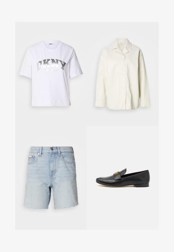 Crème-kleurig imitatie leren shirt jack met een kraag, knoopsluiting en lange mouwen. Gladde textuur en ruime pasvorm.; Witte cropped t-shirt gemaakt van katoen, met een zilverkleurige metallic opdruk met "DKNY" en "New York" in vette, blokletters.; Lichtblauwe denim shorts met rafelige zoom, knoop- en ritssluiting aan de voorkant, lusjes voor een riem en voorzakken.; Zwarte leren instappers met een ronde neus, platte hak en een gouden hardware accent op de band. Gladde textuur met minimale designdetails.