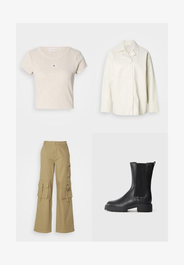 Cremefarbenes Kunstleder-Hemdenjackett mit Kragen, Knopfverschluss und langen Ärmeln. Glatte Textur und lockere Passform.; Kurzärmliges, cremefarbenes T-Shirt aus Rippstoff, mit kleinem CK-Logo-Patch vorne, runder Ausschnitt und lässiger Passform.; Khakifarbene Cargo-Hosen mit weitem Bein, mehreren Seitentaschen und einem vorderen Knopfverschluss. Hergestellt aus langlebigem Baumwollmaterial.; Schwarze Leder-Stiefelette mit elastischen Seitenpaneelen, runder Zehenpartie und dicker Gummisohle. Mit einem dezenten, eingeprägten Logo an der Seite.