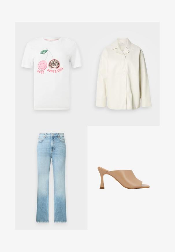 Veste en cuir synthétique de couleur crème avec un col, une fermeture à boutons et des manches longues. Texture lisse et coupe décontractée.; T-shirt blanc avec deux cerises en sequins, une rose aux yeux croisés et une argentée avec un sourire, et le texte "Keep Smiling" en rose en dessous.; Jean bleu clair droit avec un design classique à cinq poches et une fermeture bouton à la taille, présenté sur un fond blanc.; Mules à talons ouverts beige avec une texture en cuir lisse ; dotées d'un talon sculpté avec un accent doré et un design minimaliste.