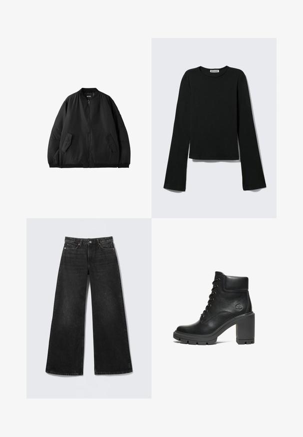 Schwarze Bomberjacke mit Frontreißverschluss, zwei schrägen Klappentaschen, geripptem Kragen, Bündchen und Saum, dargestellt auf weißem Hintergrund.; Schwarzes Langarmshirt mit Rundhalsausschnitt, figurbetonter Silhouette und leicht ausgestellten Ärmeln, gekennzeichnet mit einem "Weekday" Markenetikett im Nacken.; Schwarze Jeans mit weitem Bein, fünf Taschen und Knopfverschluss, flach auf einem hellen Hintergrund dargestellt.; Schwarze Leder-Stiefelette mit einem klobigen Absatz, Schnürdesign und strukturiertem Gummisohl; besitzt ein kleines geprägtes Logo an der Seite.