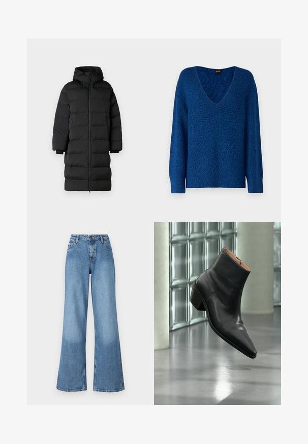 Schwarze Daunenjacke mit Kapuze, hat einen langen, geraden Schnitt, horizontale Steppnahtabschnitte und elastische Bündchen. Reißverschluss vorne.; BOSS FUSONIA - Strickpullover - blue; Hoch taillierte blaue Jeans mit weitem Bein, vorderen Taschen, Gürtelschlaufen sowie einem Knopf- und Reißverschluss.; Schwarzer Leder-Stiefelette mit spitzer Schuhspitze und Blockabsatz, der über einem reflektierenden grauen Boden nahe einer Glassteinwand schwebt.