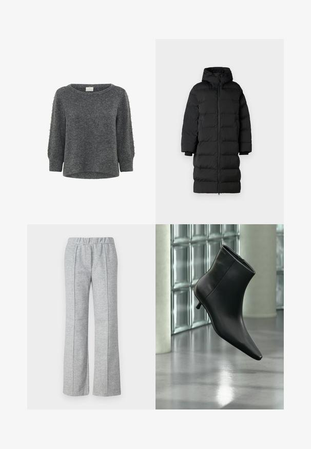 Zwarte pufferjas met capuchon, voorzien van een lange, rechte snit, horizontaal gestikte secties en elastische manchetten. Ritsluiting aan de voorkant.; Kaffe KABETTY - Trui - grey melange; Grijze, wijde broek van textuurstof; beschikt over een elastische tailleband en geplooide voordetails. Schoon, minimalistisch ontwerp.; Zwarte leren enkellaars met spits toelopende neus en lage kittenhak, schuin weergegeven tegen een gepolijste vloer en een glazen blokken muur als achtergrond.