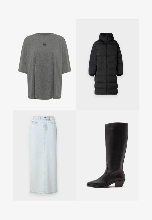 Doudoune noire avec capuche, présente une coupe longue et droite, des sections à piquages horizontaux et des poignets élastiques. Fermeture zippée à l'avant.; T-shirt oversize gris en tissu doux. Présente un col rond, des manches courtes et un logo subtil au centre.; Jupe maxi en denim bleu clair avec un design droit, fermeture à boutons sur le devant et couture visible. Elle comporte deux poches avant.; Botte en cuir noire mi-mollet avec un bout pointu et un talon bas incliné sur un fond clair uni.