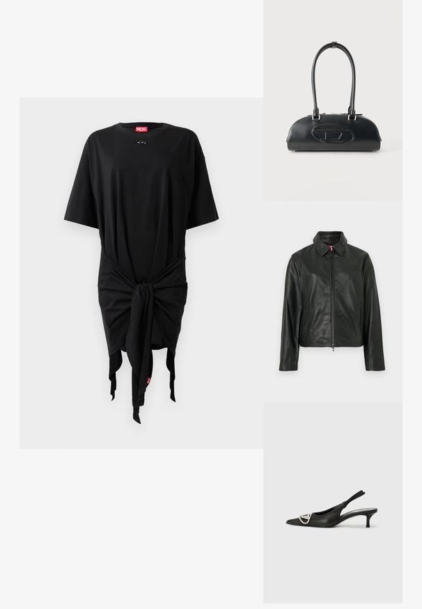 Schwarze Lederjacke mit klassischem Kragen, Reißverschluss vorne und zwei Seitentaschen. Mit dezent geprägtem Logo auf der Brust. Glatte Textur.; Schwarzes Baumwoll-T-Shirt-Kleid mit kurzen Ärmeln, das mit einem Knoten-Detail an der Taille und einem Logo-Tag versehen ist. Glatte Textur und lockere Passform.; Schwarze Leder-Slingback-Schuhe mit spitzer Zehenform, featuring einem silbernen Logo-Akzent und einem kleinen Absatz. Glatte Textur und minimalistisches Design.; Schwarze Lederhandtasche mit langen doppelten Griffen und geprägtem ovalem Logo auf der Vorderseite, vor einem schlichten hellen Hintergrund gezeigt.