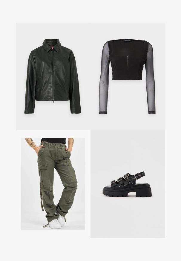 Sort læderjakke med klassisk krave, lynlås foran og to sidelommer. Har et diskret præget logo på brystet. Glat tekstur.; Sort crop top med firkantet halsudskæring, fremstillet i uigennemsigtigt stof med gennemsigtige lange ærmer. Frontlynlås tilføjer detalje til designet.; Olivengrønne cargo-bukser med flere lommer, snøre i taljen og afslappet pasform. Stoffet har en blød tekstur og en robust, holdbar fremtoning.; Sort chunky platformsandal med tre justerbare remme med spænder og sølvnitter på en tyk sål med slidstærkt mønster.