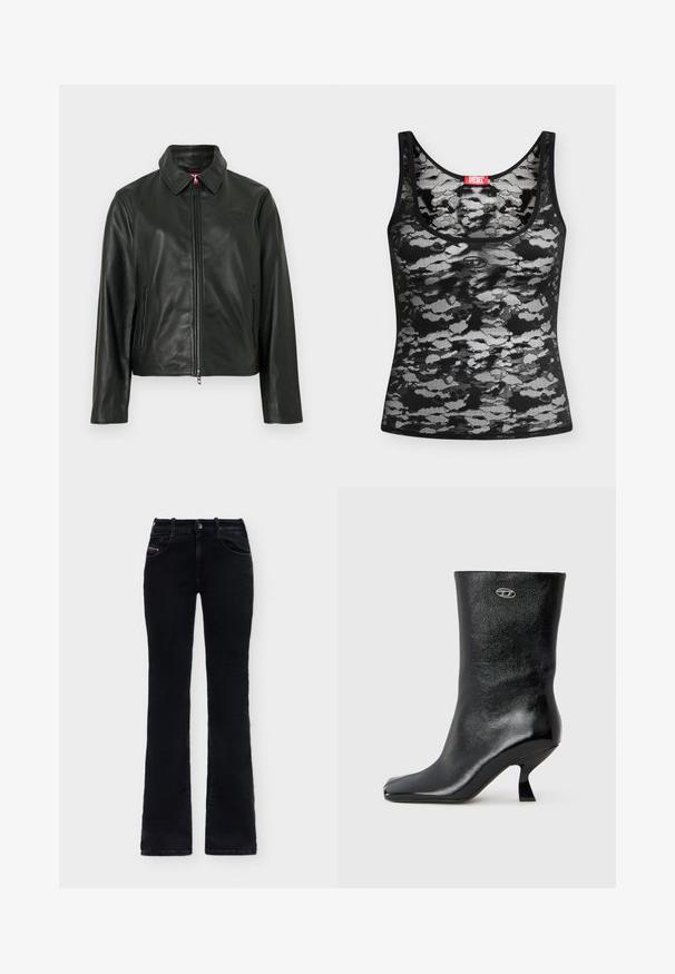 Veste en cuir noir avec un col classique, fermeture éclair à l'avant et deux poches latérales. Présente un logo discrètement embossé sur la poitrine. Texture lisse.; Débardeur en dentelle noir et blanc sans manches au motif camouflage abstrait et une étiquette rouge de la marque Diesel à l’encolure, posé à plat sur fond blanc.; Jean noir taille haute avec cinq poches, fermeture par bouton et jambes légèrement évasées, présenté sur un fond clair uni.; Bottine en cuir noir avec une finition brillante, un bout carré et un design de talon incurvé unique. Elle présente un petit logo métallique en accent.