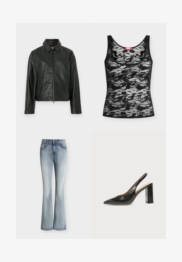Veste en cuir noir avec un col classique, fermeture éclair à l'avant et deux poches latérales. Présente un logo discrètement embossé sur la poitrine. Texture lisse.; Débardeur en dentelle noir et blanc sans manches au motif camouflage abstrait et une étiquette rouge de la marque Diesel à l’encolure, posé à plat sur fond blanc.; Jean en denim bleu clair taille haute avec une légère évasement en bas et des détails délavés sur le devant des cuisses.; Chaussure slingback en cuir noir à bout pointu avec un talon bloc haut et une doublure intérieure beige sur un fond clair uni.