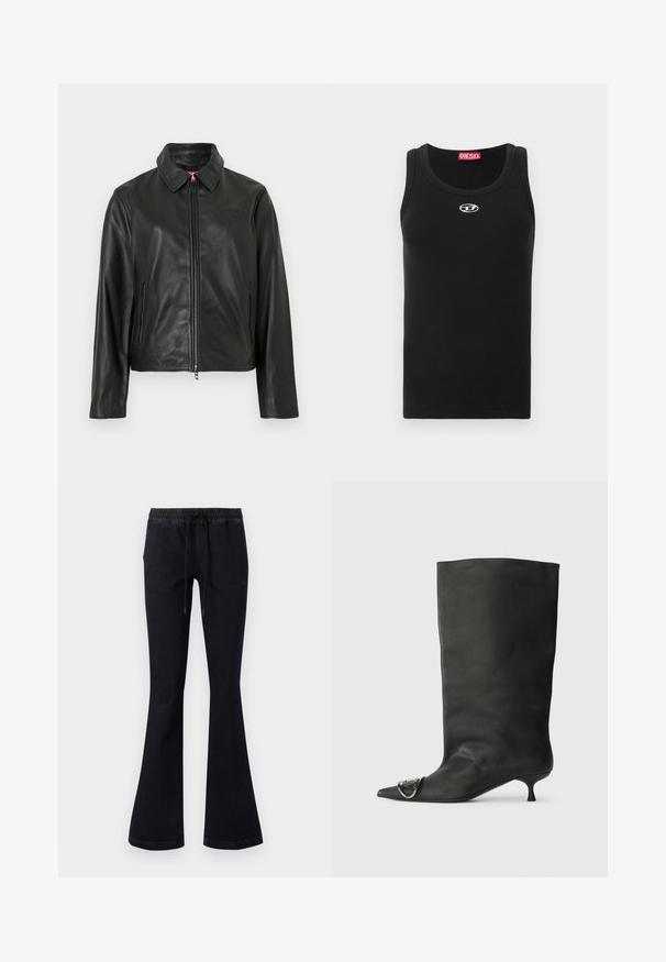 Veste en cuir noir avec un col classique, fermeture éclair à l'avant et deux poches latérales. Présente un logo discrètement embossé sur la poitrine. Texture lisse.; Débardeur noir en tissu de coton avec encolure ronde, design sans manches, et petit logo blanc sur la poitrine.; Jean évasé bleu marine avec taille élastique et cordon de serrage noir, présenté sur un fond blanc uni.; Bottines en cuir noir à bout pointu, petite talon et détail métallique sur le bout. Texture lisse et mate partout.