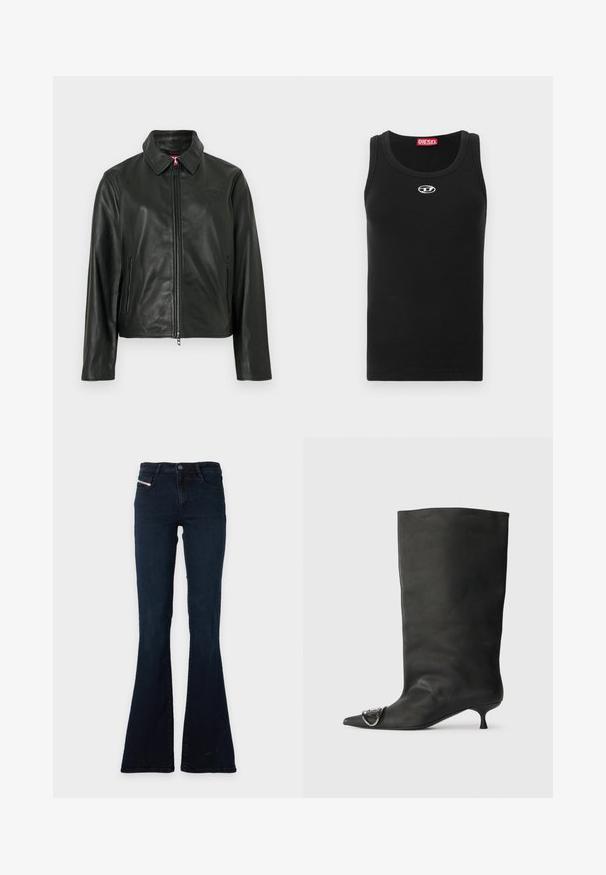 Veste en cuir noir avec un col classique, fermeture éclair à l'avant et deux poches latérales. Présente un logo discrètement embossé sur la poitrine. Texture lisse.; Débardeur noir en tissu de coton avec encolure ronde, design sans manches, et petit logo blanc sur la poitrine.; Jean bleu foncé taille haute avec jambe évasée, poches avant et fermeture par bouton et zip.; Bottines en cuir noir à bout pointu, petite talon et détail métallique sur le bout. Texture lisse et mate partout.