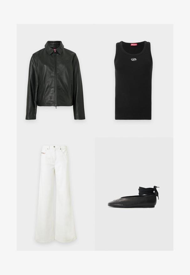 Veste en cuir noir avec un col classique, fermeture éclair à l'avant et deux poches latérales. Présente un logo discrètement embossé sur la poitrine. Texture lisse.; Débardeur noir en tissu de coton avec encolure ronde, design sans manches, et petit logo blanc sur la poitrine.; Jeans blancs taille haute à jambes larges avec poches avant et fermeture par bouton, présentés sur un fond uni.; Ballerines en cuir noir avec un bout pointu, dotées d'un lien à la cheville en tissu tissé et d'un petit accent décoratif sur le bout.