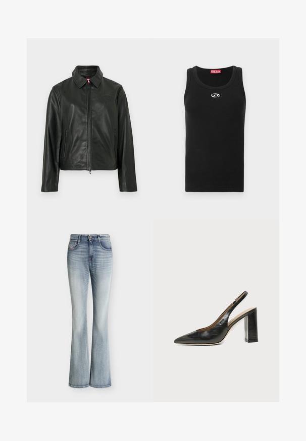 Veste en cuir noir avec un col classique, fermeture éclair à l'avant et deux poches latérales. Présente un logo discrètement embossé sur la poitrine. Texture lisse.; Débardeur noir en tissu de coton avec encolure ronde, design sans manches, et petit logo blanc sur la poitrine.; Jean en denim bleu clair taille haute avec une légère évasement en bas et des détails délavés sur le devant des cuisses.; Chaussure slingback en cuir noir à bout pointu avec un talon bloc haut et une doublure intérieure beige sur un fond clair uni.