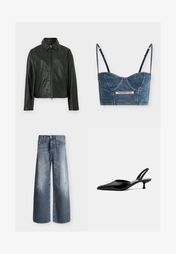 Veste en cuir noir avec un col classique, fermeture éclair à l'avant et deux poches latérales. Présente un logo discrètement embossé sur la poitrine. Texture lisse.; Bustier court bleu denim avec bretelles fines réglables, détails sur les bonnets et une étiquette Diesel Industry au centre devant.; Jean bleu à coupe large avec légère décoloration et petits détails usés sur le haut des cuisses, avec cinq poches et passants pour ceinture.; Chaussure slingback à talon kitten en cuir verni noir avec bout pointu et talon bas incurvé sur fond clair uni.