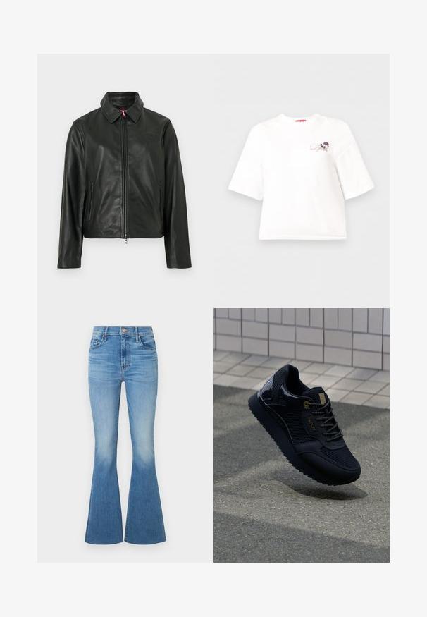 Sort læderjakke med klassisk krave, lynlås foran og to sidelommer. Har et diskret præget logo på brystet. Glat tekstur.; Hvid kortærmet cropped t-shirt med lille pink blomsterdesign og "Diesel" logo på venstre bryst.; Lyseblå, viddeudvidede jeans med høj talje, lavet af denim. Har falmede områder omkring knæene og et klassisk design med fem lommer og metal knaplukning.; Sort sneakers med mesh-overdel, glinsende detaljer, guldfarvet hardware, tekstureret sål og polstret krave for komfort.