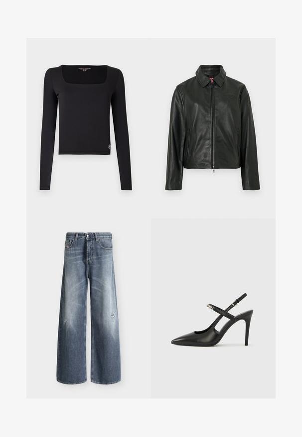 Veste en cuir noir avec un col classique, fermeture éclair à l'avant et deux poches latérales. Présente un logo discrètement embossé sur la poitrine. Texture lisse.; Haut noir à manches longues avec encolure carrée et coupe ajustée. Fabriqué en tissu lisse, avec un petit logo en accent à l'ourlet.; Jean bleu à coupe large avec légère décoloration et petits détails usés sur le haut des cuisses, avec cinq poches et passants pour ceinture.; Escarpins slingback en cuir noir avec bout pointu, design ajouré et bride ajustable ornée de ferrures métalliques.