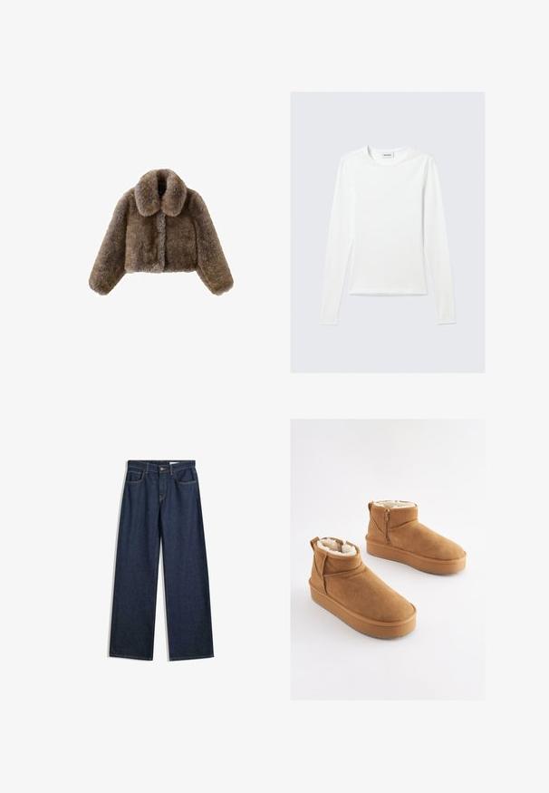 Brun faux fur cropped jakke med bred krave, fulde ærmer, tekstureret overflade og frontlukning. Blødt og luksuriøst design.; Langærmet, enkel hvid T-shirt med rund halsudskæring og tætsiddende pasform, vist mod en lysegrå baggrund.; Bredde ben mørke denimjeans med fem lommer, synlig syning og knaplukning. Har en lige pasform og let slid.; Lysebrune ankelstøvler i ruskind med imiteret pelsforing, flad platformssål og lynlås i siden for nem påtagning. Har rundet tå og minimal syning.