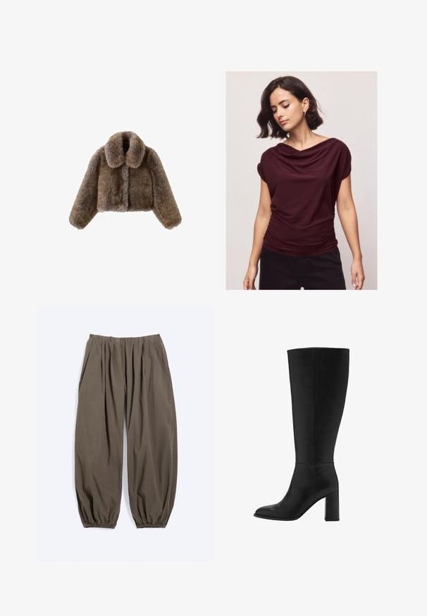 Brun faux fur cropped jakke med bred krave, fulde ærmer, tekstureret overflade og frontlukning. Blødt og luksuriøst design.; Kvinde med kort mørkt hår iført en mørkerød top med draperet hals og sorte bukser mod en ensfarvet lys baggrund, ser ned med lukkede øjne.; Løse mørke olivengrønne bukser med elastisk talje og opsamlede elastiske manchetter vist mod en lys baggrund.; Sorte knælange støvler med hæl lavet af glat læder. Har en afrundet tå og chunky blokhæle, med minimal syning.