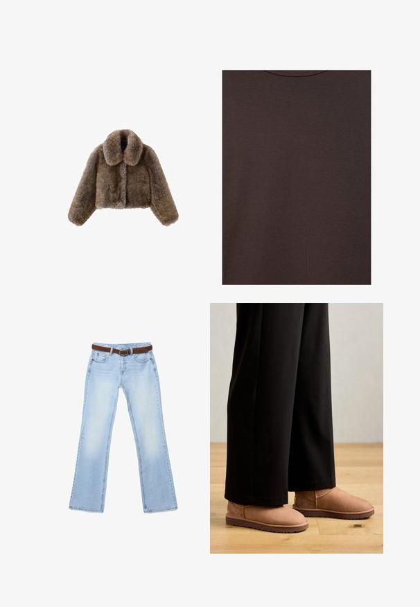 Brun faux fur cropped jakke med bred krave, fulde ærmer, tekstureret overflade og frontlukning. Blødt og luksuriøst design.; Mørkebrun t-shirt med rund hals lavet af blødt strikket stof med fin ribstruktur.; Lyseblå jeans med lige ben, et brunt læderbælte, forlommer og en falmet vask på lår og knæ.; Brune ruskinds ankelstøvler med flad gummisål, rund tå og minimal syning, båret med sorte brede bukser på et trægulv.
