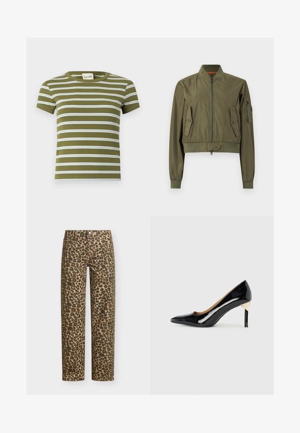 Veste aviateur vert olive avec fermeture éclair à l'avant, deux poches à rabat inclinées, poignets et ourlet côtelés, et une poche zippée sur la manche gauche.; T-shirt côtelé vert olive à manches courtes avec des rayures blanches et bleu clair horizontales, col rond et étiquette de marque à l'intérieur du col.; Pantalon à coupe droite avec imprimé léopard marron et noir, fermeture devant par bouton et zip, et cinq poches sur fond uni.; Escarpin en cuir verni noir avec un bout pointu et un design découpé ; présente un élégant accent doré sur le talon. Simple et élégant.