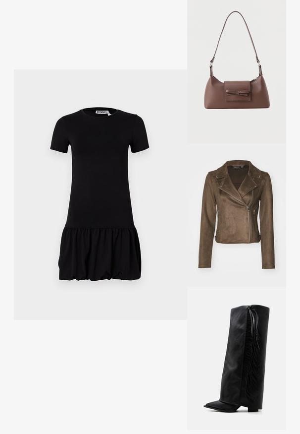 Veste de moto en daim synthétique marron avec un col à revers, une fermeture éclair asymétrique, des poches latérales et des manches longues. Texture lisse et design ajusté.; Robe noire à manches courtes avec un corsage ajusté et une jupe évasée et plissée. Matériau doux avec une texture lisse et un col rond.; Botte noire en cuir montante jusqu’au genou avec bout pointu et franges décoratives le long du côté extérieur sur fond blanc uni.; Sac à bandoulière en cuir marron avec une poche à rabat avant ornée d'un détail en forme de nœud cousu et une sangle réglable.