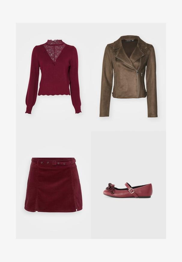 Veste de moto en daim synthétique marron avec un col à revers, une fermeture éclair asymétrique, des poches latérales et des manches longues. Texture lisse et design ajusté.; Pull bordeaux avec un panneau en dentelle et un ourlet en dents de scie. Manches longues avec des poignets à côtes. Présente un décolleté en V et un tricot texturé.; Jupe en velours côtelé bourgogne au design ajusté, comprend une ceinture avec quincaillerie métallique, présente deux fentes latérales pour un détail supplémentaire.; Ballerines en cuir bordeaux avec un bout rond, une bride de cheville et un détail de frange décoratif à l'avant. Semelle plate et design simple.